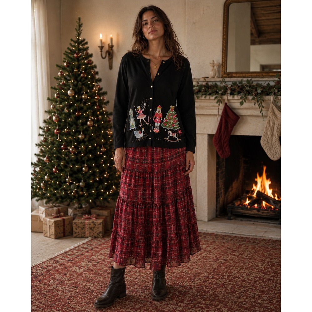 Quacker Factory Nutcracker Christmas Cardigan Black Embroidered Snap Front XS